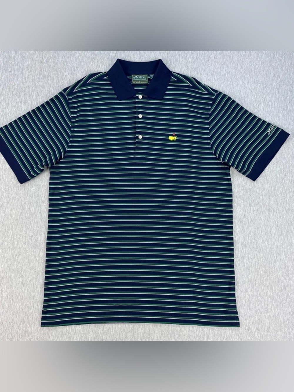Masters Collection Mercerized Polo Shirt Green Blue Striped Logo Golf Mens L - Picture 4 of 9